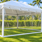 Clear tent sidewall with narrow white edging on a white frame tent