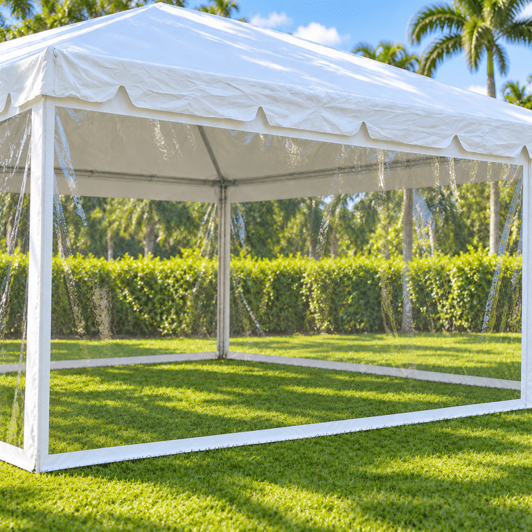 Clear tent sidewall with narrow white edging on a white frame tent