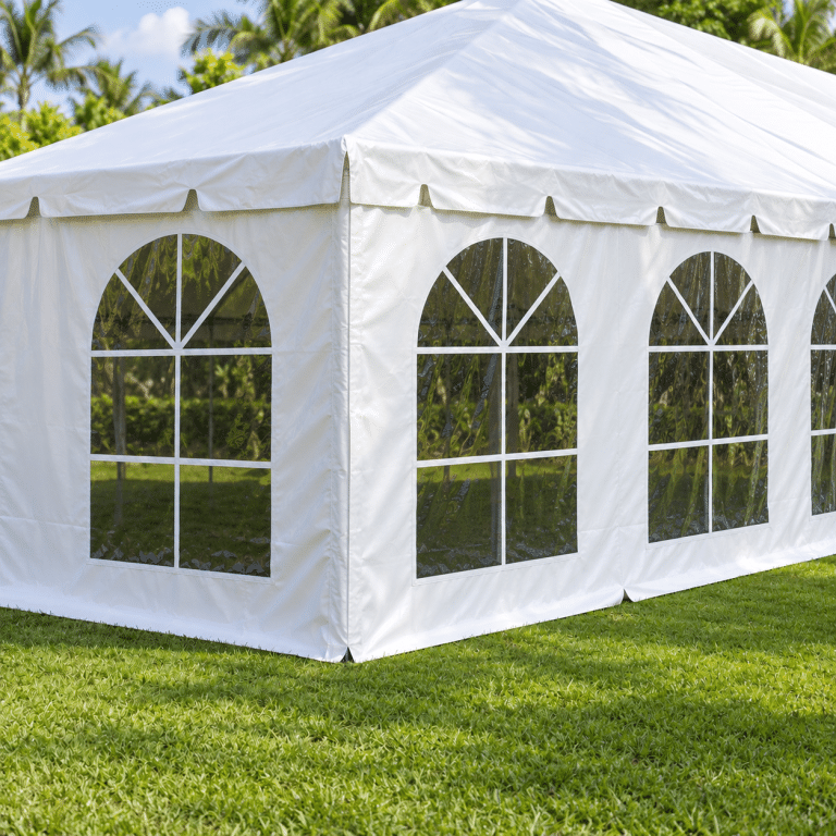 White cathedral tent sidewalls with large arched clear windows