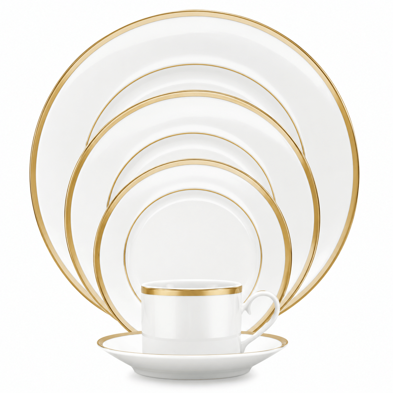 Gold band white dinnerware with matching coffee cup and saucer