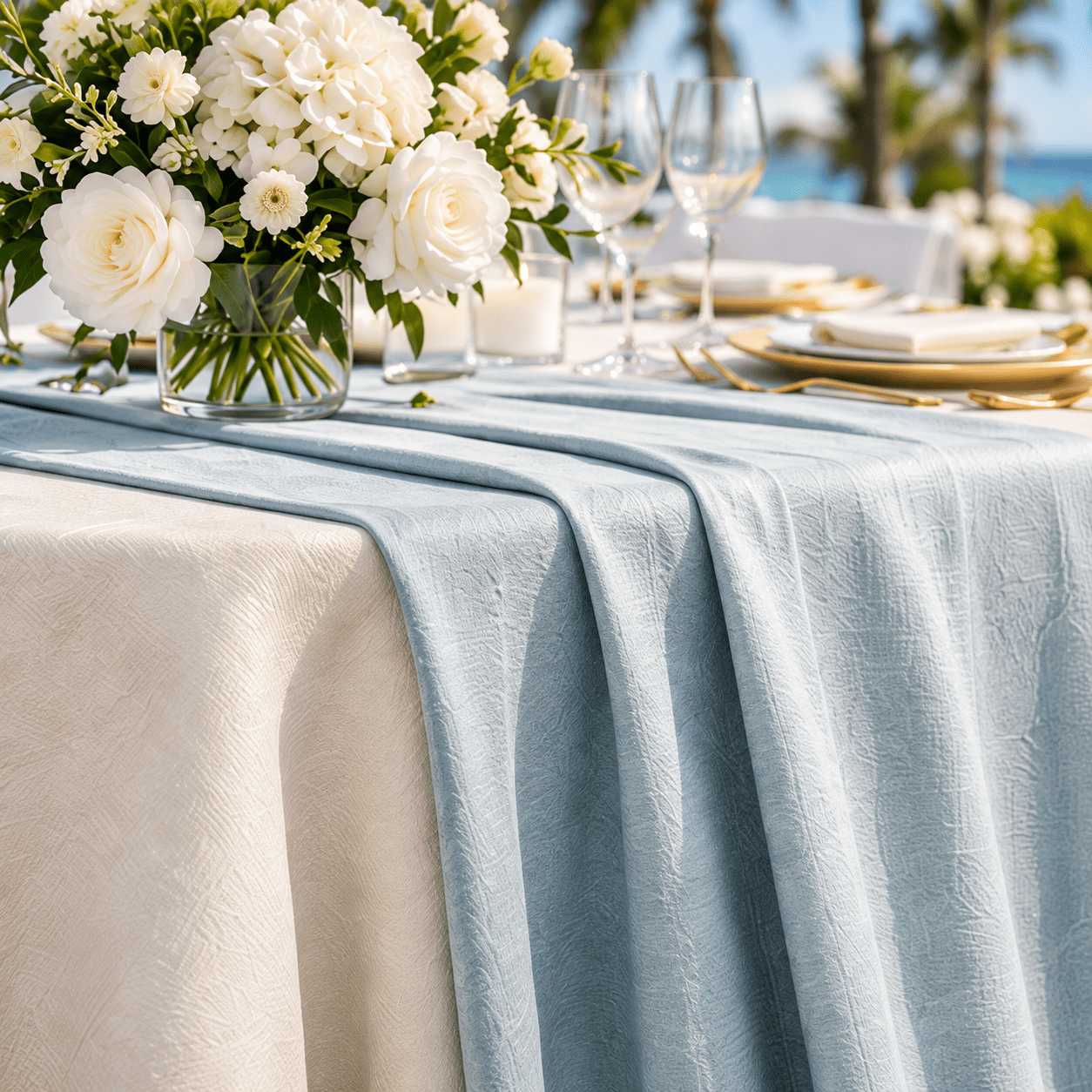 Pale blue and ivory table linens