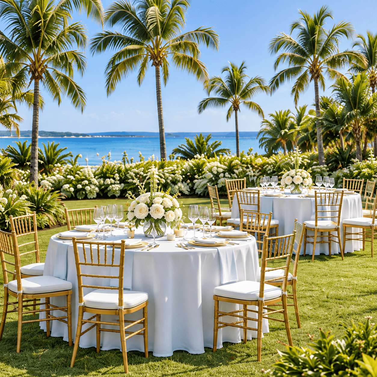 Coordinated tables chairs and linens for a garden party
