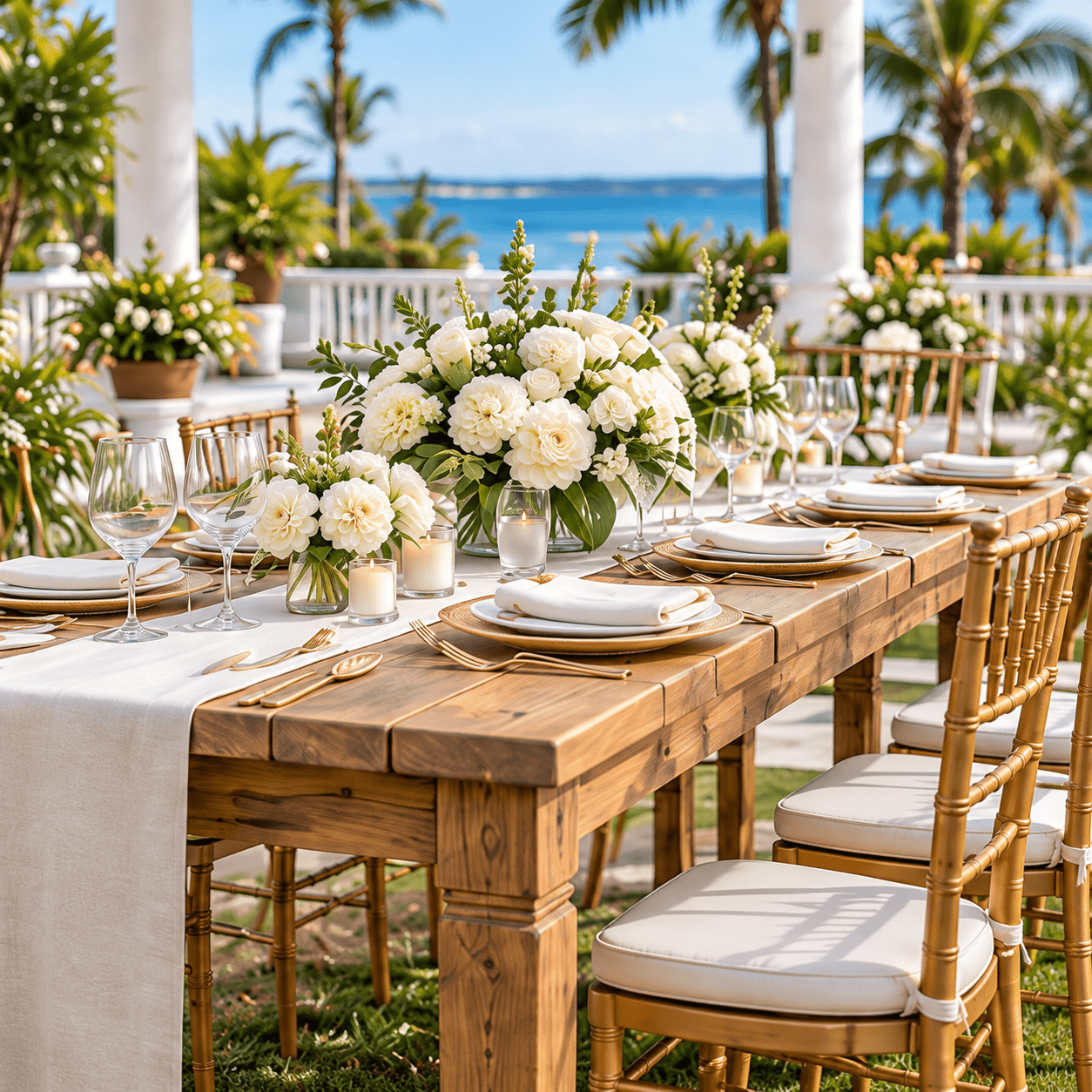 Wood farm table styled for a coastal event