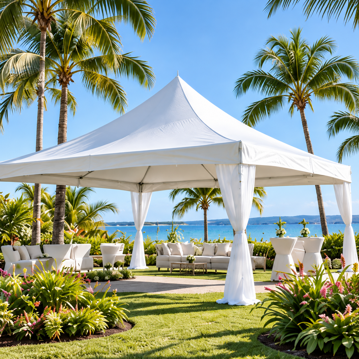 White event tent in a coastal garden