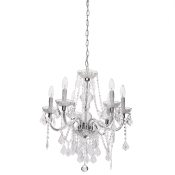 Clear six-light acrylic chandelier hanging from a chain
