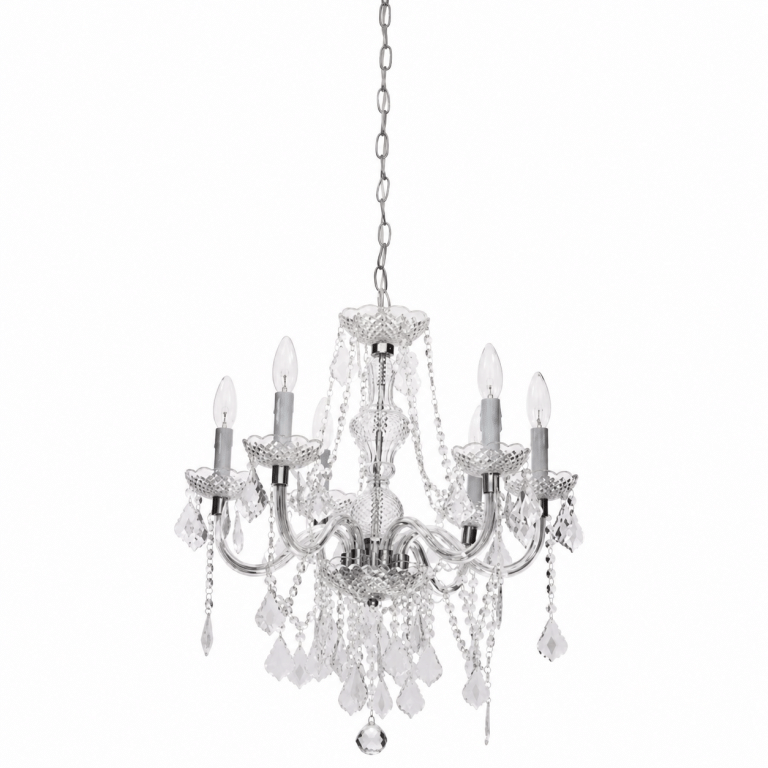 Clear six-light acrylic chandelier hanging from a chain