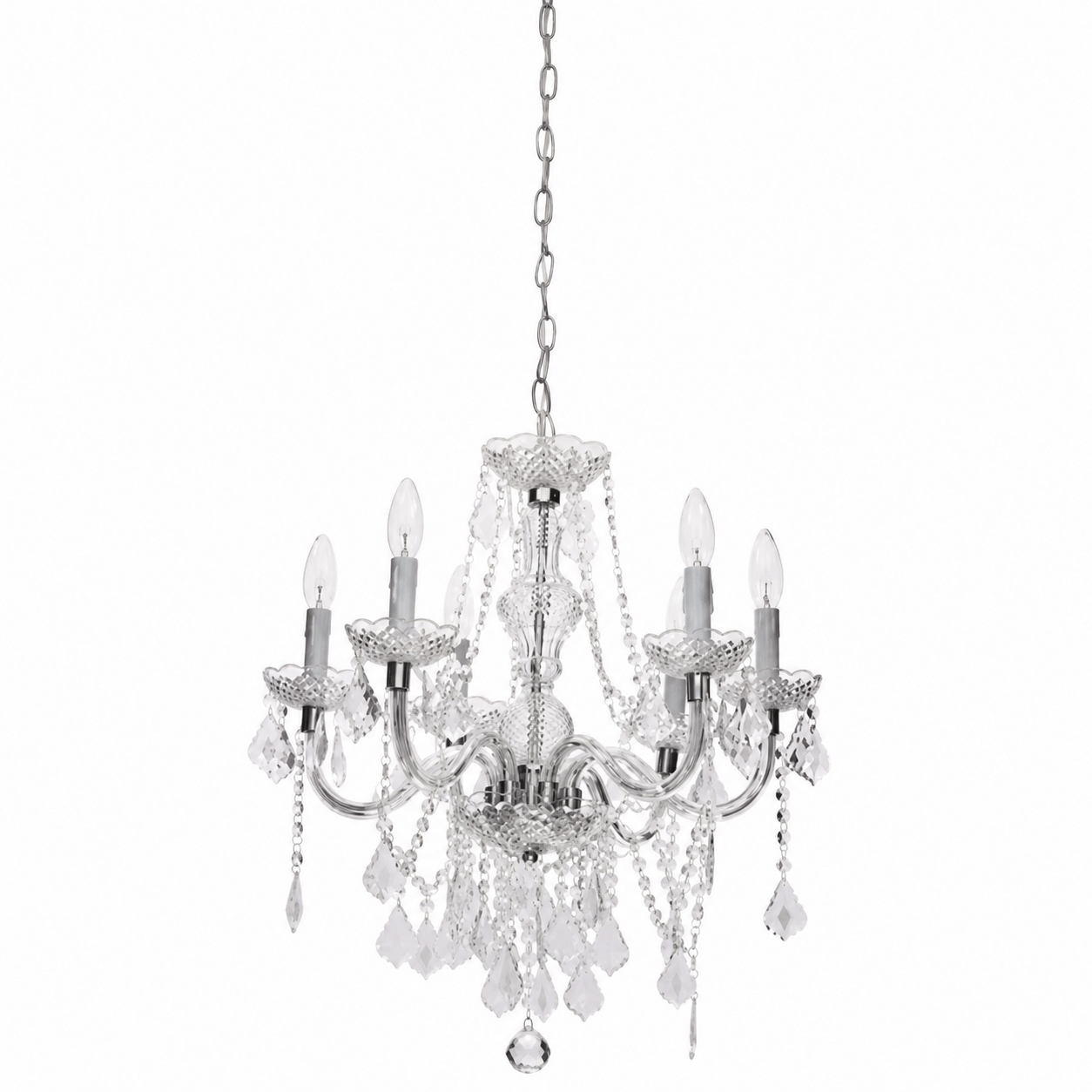 Clear six-light acrylic chandelier hanging from a chain
