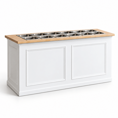 White charcuterie serving bar with inset food pans — illustrative preview
