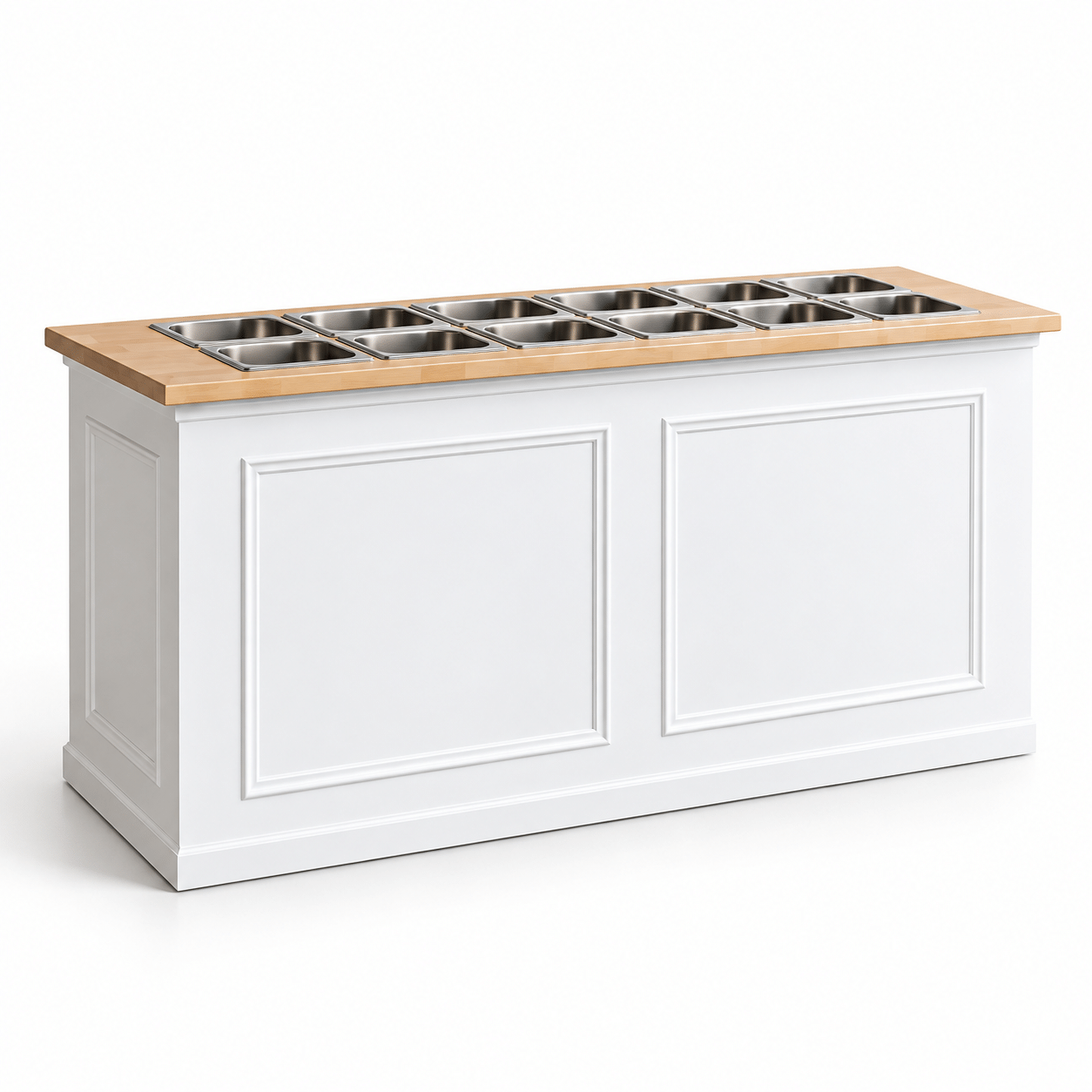 White charcuterie serving bar with inset food pans — illustrative preview