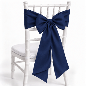 Navy Blue polyester chair sash on white Chiavari chair