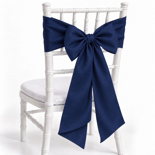 Navy Blue polyester chair sash on white Chiavari chair