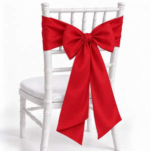 Red polyester chair sash on white Chiavari chair