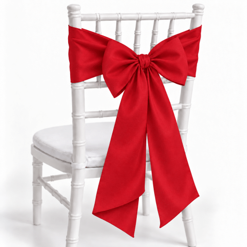 Red polyester chair sash on white Chiavari chair