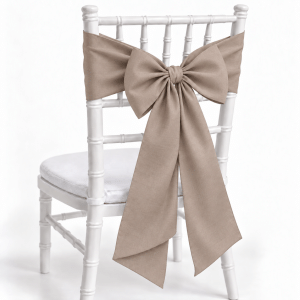 Taupe polyester chair sash on white Chiavari chair