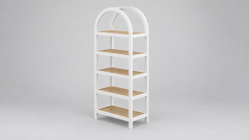 White cane bar back with open display shelving