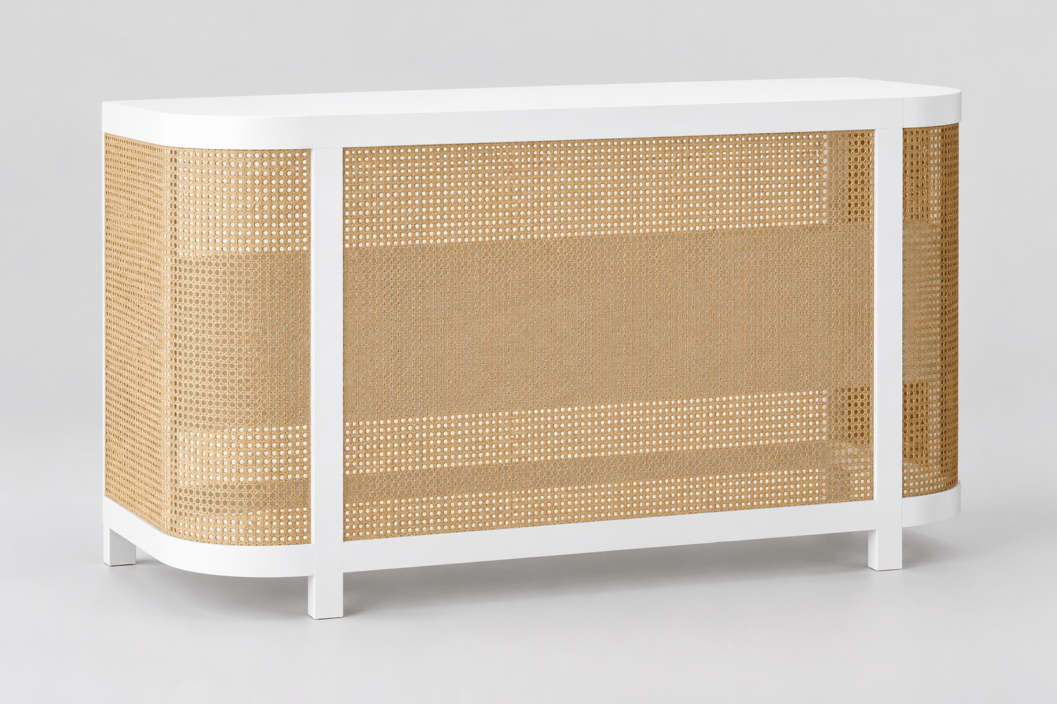 White event bar with natural cane panels
