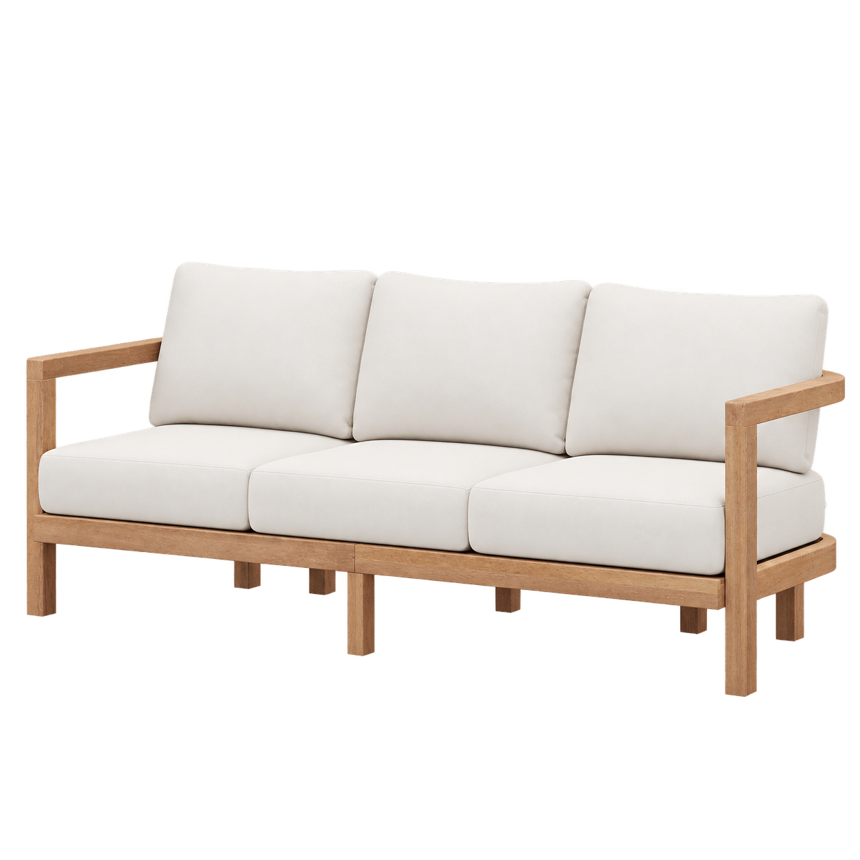 Natural wood lounge sofa with ivory cushions, isolated without decorative pillows
