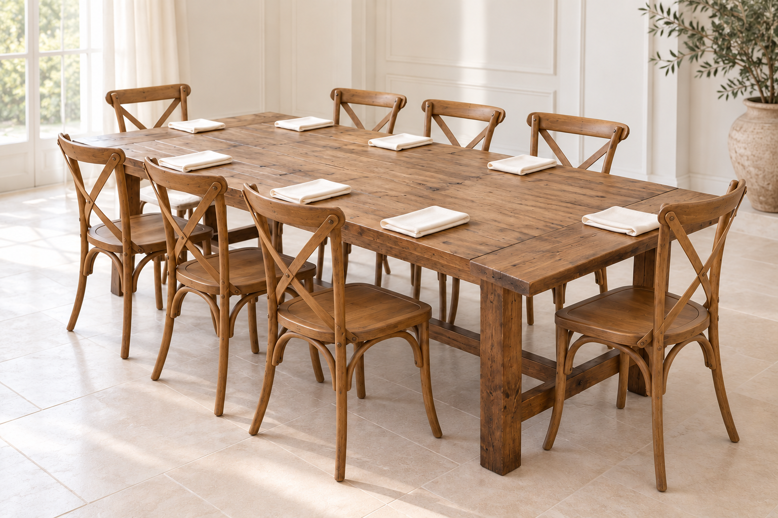 Rustic Package with farm table and solid-seat Oak Vineyard chairs