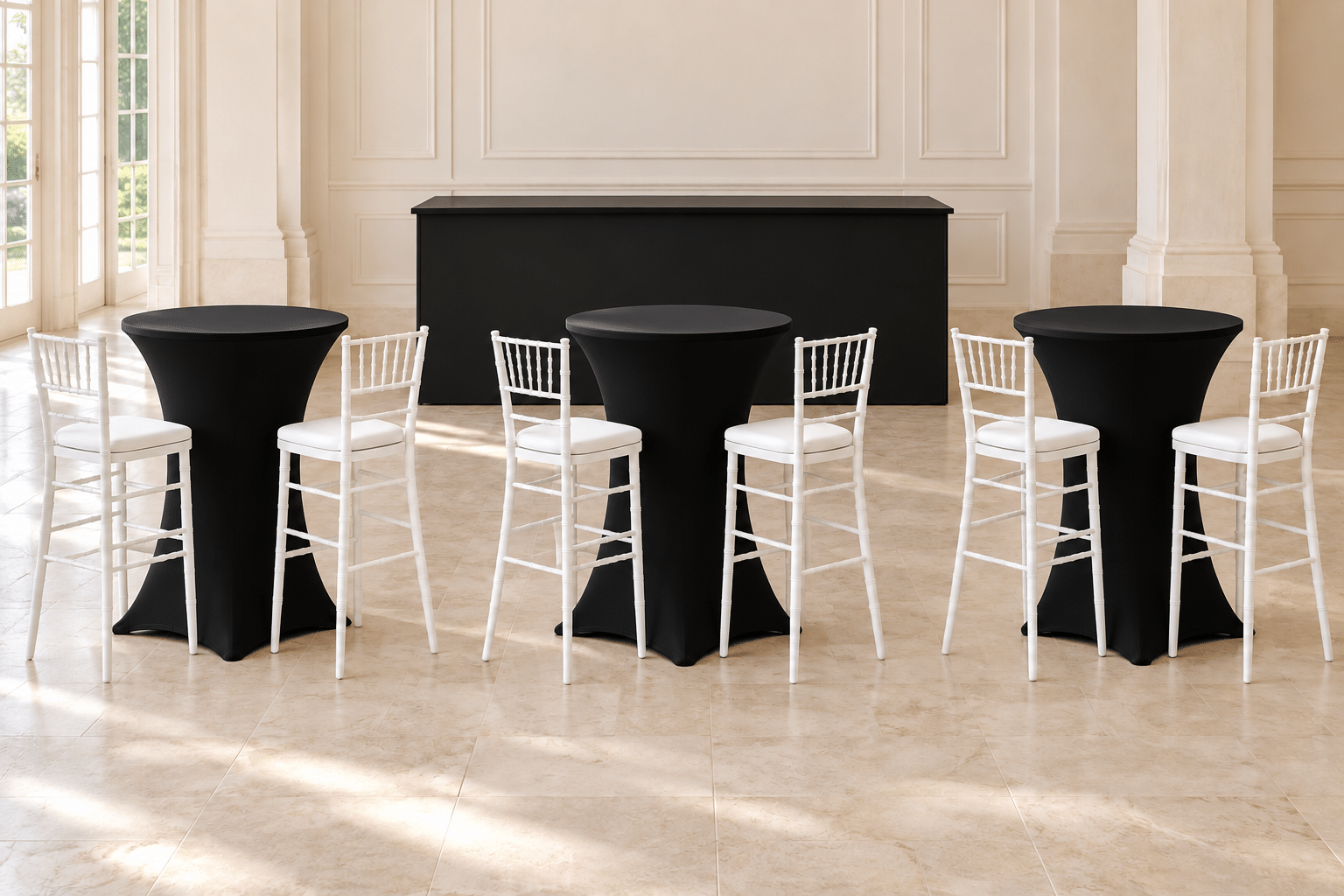 Cocktail Party Package with white Chiavari bar stools, black spandex high-top tables and portable bar