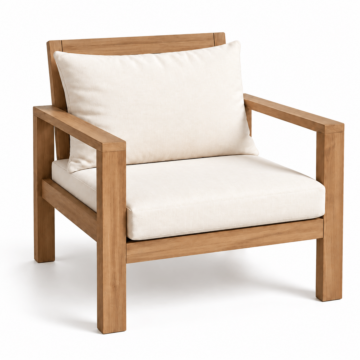 Natural wood lounge chair with ivory seat and back cushions
